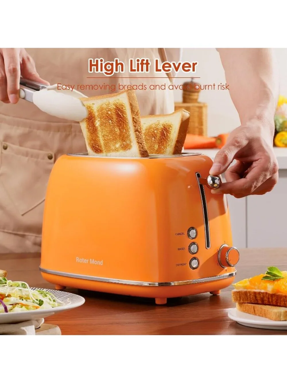 2 Slice Orange Retro Stainless Steel with Bagel Defrost Functions Toaster